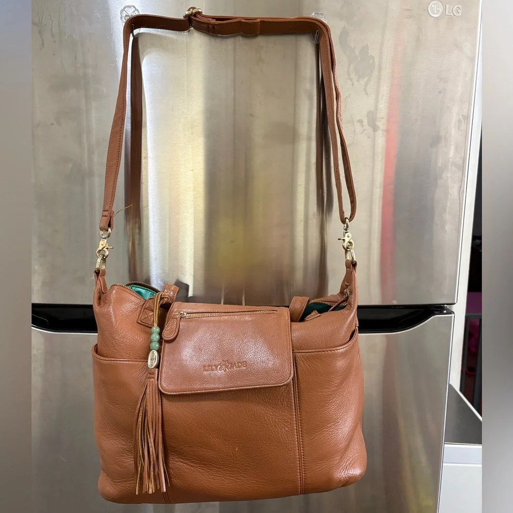 Leather Convertible Baby Bag in Cognac with Tassel Accent